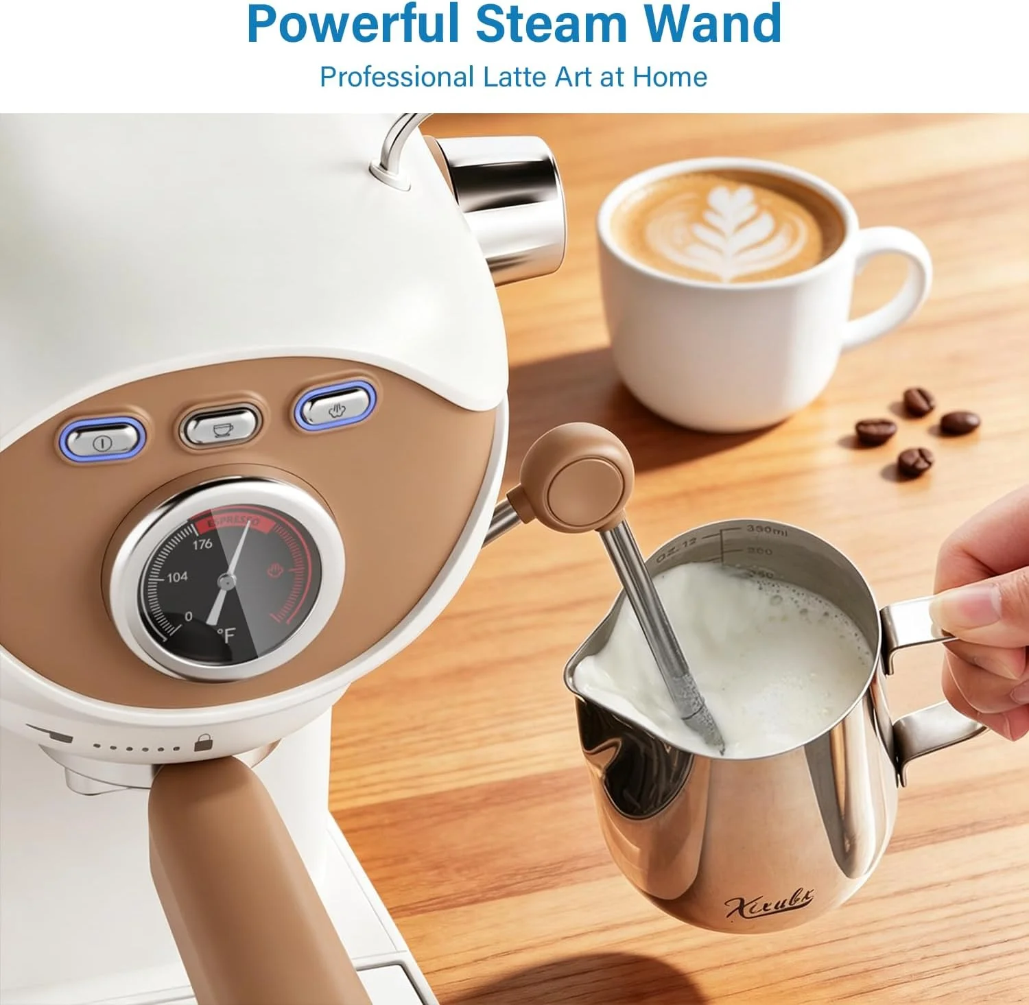 Close-up of the powerful steam wand on the XIXUBX Espresso Machine creating microfoam