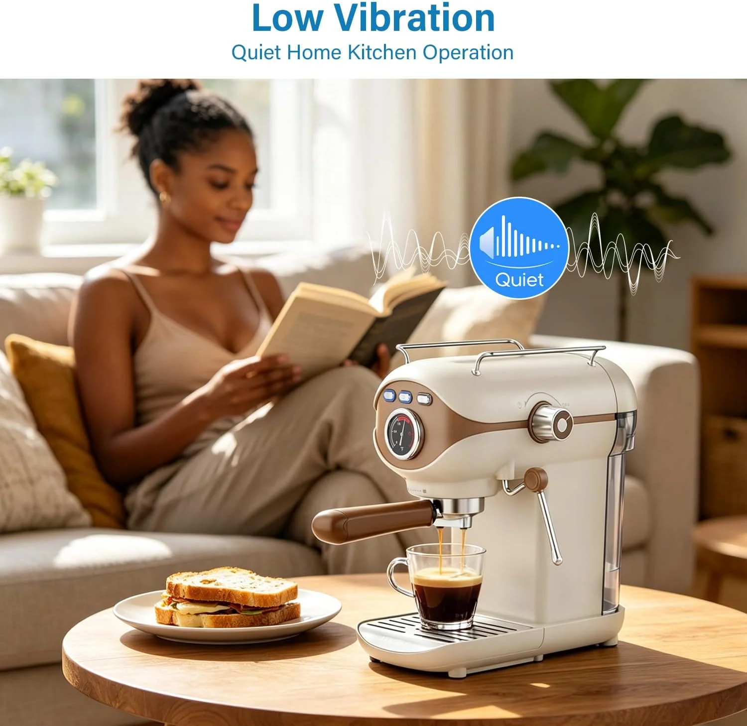 The compact vertical structure of the XIXUBX Espresso Machine fitting neatly on a kitchen counter