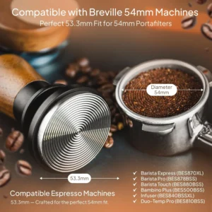 53.3mm Calibrated Espresso Tamper - 30lb Spring Loaded Auto-Leveling Coffee Tamper with Walnut Handle & Ripple Stainless Steel Base for 54mm Portafilters view 2