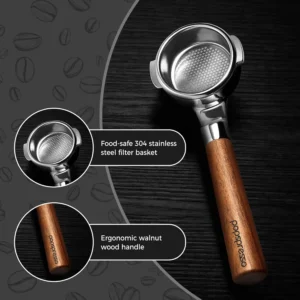 58mm Bottomless Portafilter with Walnut Wood Handle & Filter Basket, Compatible with E61, Flair 58, ECM, Rocket, Sanremo, Slayer Coffee Machines view 2
