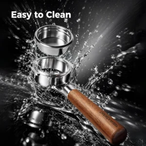 58mm Bottomless Portafilter with Walnut Wood Handle & Filter Basket, Compatible with E61, Flair 58, ECM, Rocket, Sanremo, Slayer Coffee Machines view 3