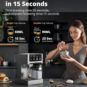 AIRMSEN 20 Bar Espresso Machine with Automatic Milk Frother, Cappuccino & Latte Coffee Maker with Quick Brew Dual Boiler (1350W + 1000W), Stainless Steel, 60oz Water Tank, Touchscreen view 3