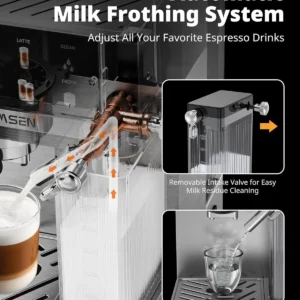 AIRMSEN 20 Bar Espresso Machine with Automatic Milk Frother, Cappuccino & Latte Coffee Maker with Quick Brew Dual Boiler (1350W + 1000W), Stainless Steel, 60oz Water Tank, Touchscreen view 4