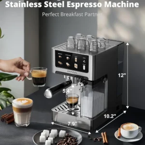 AIRMSEN 20 Bar Espresso Machine with Automatic Milk Frother, Cappuccino & Latte Coffee Maker with Quick Brew Dual Boiler (1350W + 1000W), Stainless Steel, 60oz Water Tank, Touchscreen view 6