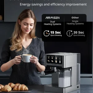 AIRMSEN 20 Bar Espresso Machine with Automatic Milk Frother, Cappuccino & Latte Coffee Maker with Quick Brew Dual Boiler (1350W + 1000W), Stainless Steel, 60oz Water Tank, Touchscreen