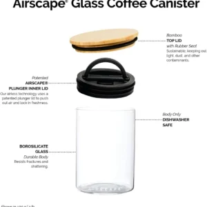 AirScape Glass Food Storage Canister - Glass Storage With US Patented Airless Inner Lid & Bamboo Top Lid - Preserves Food Freshness (Medium 7-Inch) view 2