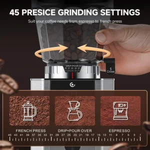 AMZCHEF Conical Burr Coffee Grinder, Espresso Grinder with 45 Grind Settings, Anti-Static Electric Coffee Bean Mill with Touchscreen Timer, 40mm Stainless Steel Burr view 2
