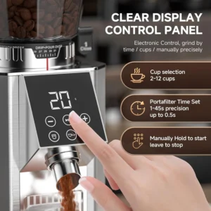 AMZCHEF Conical Burr Coffee Grinder, Espresso Grinder with 45 Grind Settings, Anti-Static Electric Coffee Bean Mill with Touchscreen Timer, 40mm Stainless Steel Burr view 4