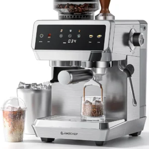 AMZCHEF Espresso Machine With Grinder, 190℉-201℉ Temp Control Coffee machine with 44 Grind Setting, Milk Frother, Touch Screen, Cold Brew, Sliver view 1