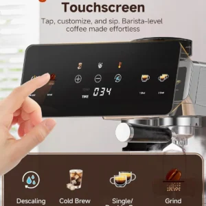 AMZCHEF Espresso Machine With Grinder, 190℉-201℉ Temp Control Coffee machine with 44 Grind Setting, Milk Frother, Touch Screen, Cold Brew, Sliver view 4
