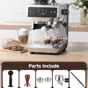 AMZCHEF Espresso Machine With Grinder, 190℉-201℉ Temp Control Coffee machine with 44 Grind Setting, Milk Frother, Touch Screen, Cold Brew, Sliver view 6