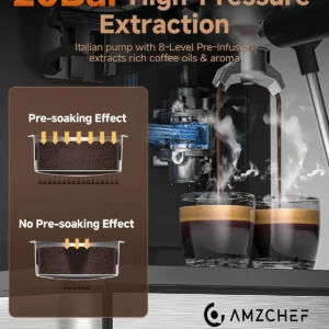 AMZCHEF Espresso Machine with Grinder, 3 Temp 197-205℉ Professional Espresso Machine, 3-10s Pre-Infusion, 20 Grind Settings, Latte Cappuccino Maker Home Barista, Black view 2