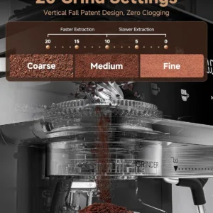 AMZCHEF Espresso Machine with Grinder, 3 Temp 197-205℉ Professional Espresso Machine, 3-10s Pre-Infusion, 20 Grind Settings, Latte Cappuccino Maker Home Barista, Black view 4