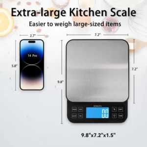 BOMATA Large Kitchen Scale with 0.1g/0.001oz High Precision, 5kg/11lb Bakery Scale with% Percentage Function, USB Rechargeable, Full-View Angle LCD with Backlight, Stainless Steel Pan view 2