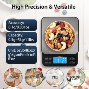 BOMATA Large Kitchen Scale with 0.1g/0.001oz High Precision, 5kg/11lb Bakery Scale with% Percentage Function, USB Rechargeable, Full-View Angle LCD with Backlight, Stainless Steel Pan view 3