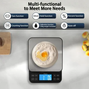 BOMATA Large Kitchen Scale with 0.1g/0.001oz High Precision, 5kg/11lb Bakery Scale with% Percentage Function, USB Rechargeable, Full-View Angle LCD with Backlight, Stainless Steel Pan view 7