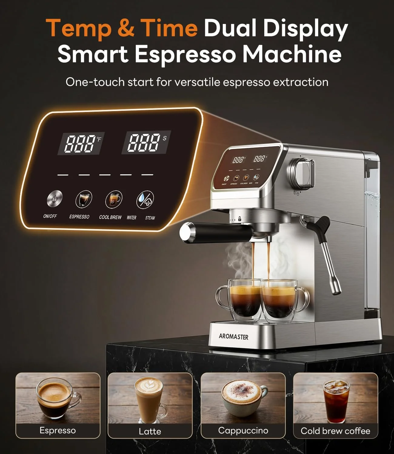 Dual-circuit espresso machine brewing coffee in a modern kitchen