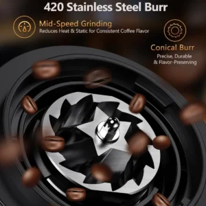 COOL KNIGHT Rechargeable Conical Burr Coffee Grinder, 60 Grind Settings & 5–98 Level Timer, Espresso Grinder with Bellows Hopper and Portafilter Holder, Easy to Clean view 3