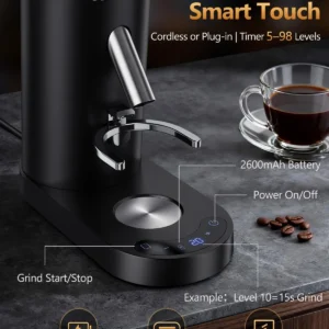 COOL KNIGHT Rechargeable Conical Burr Coffee Grinder, 60 Grind Settings & 5–98 Level Timer, Espresso Grinder with Bellows Hopper and Portafilter Holder, Easy to Clean view 4