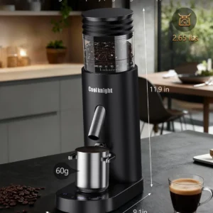 COOL KNIGHT Rechargeable Conical Burr Coffee Grinder, 60 Grind Settings & 5–98 Level Timer, Espresso Grinder with Bellows Hopper and Portafilter Holder, Easy to Clean view 7