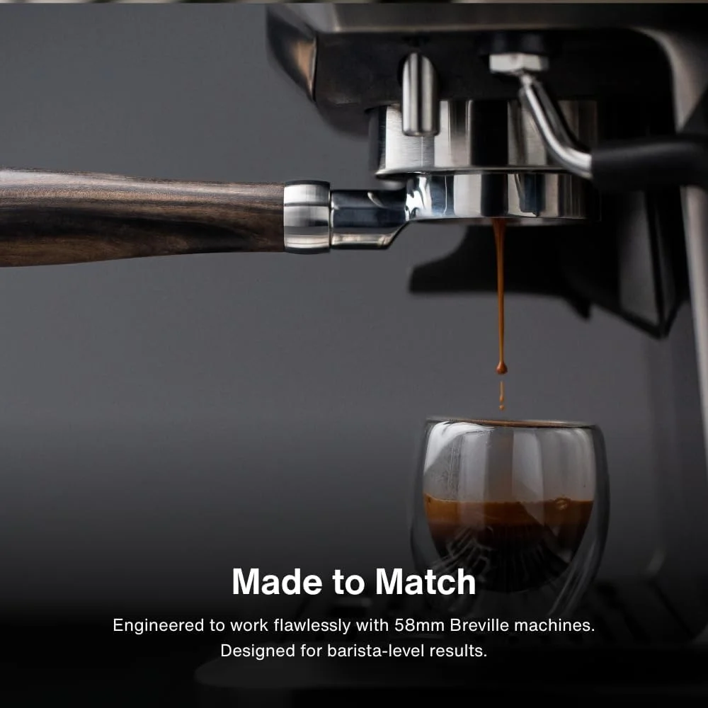 CREMA Coffee Products 58mm Bottomless Naked Portafilter | Compatible with 58mm Breville Machines | Includes Double Shot Filter Basket | Walnut view 3
