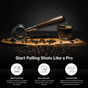 CREMA Coffee Products 58mm Bottomless Naked Portafilter | Compatible with 58mm Breville Machines | Includes Double Shot Filter Basket | Walnut view 4