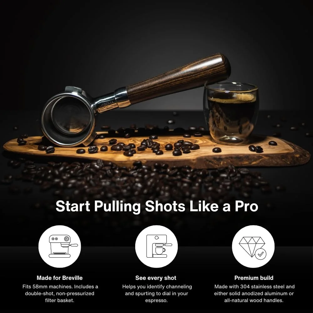 CREMA Coffee Products 58mm Bottomless Naked Portafilter | Compatible with 58mm Breville Machines | Includes Double Shot Filter Basket | Walnut view 4