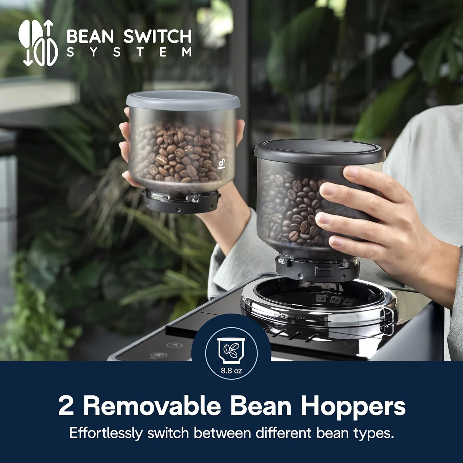 Close up of integrated conical burr grinder