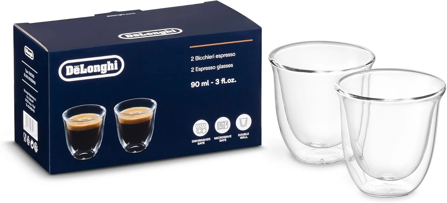 DeLonghi double wall espresso glasses on a wooden counter