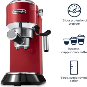 Delonghi EC680R DEDICA 15-Bar Pump Espresso Machine, Red view 3