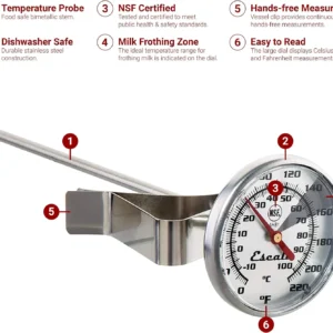 Escali AHB1 Instant Read Large 1.75-inches Dial Beverage Thermometer Liquid, Milk, Coffee, Tea, Stainless Steel Hands-Free Kitchen Thermometer NSF Certified Commercial view 2