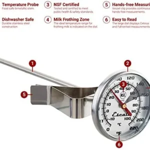 Escali AHB1 Instant Read Large 1.75-inches Dial Beverage Thermometer Liquid, Milk, Coffee, Tea, Stainless Steel Hands-Free Kitchen Thermometer NSF Certified Commercial