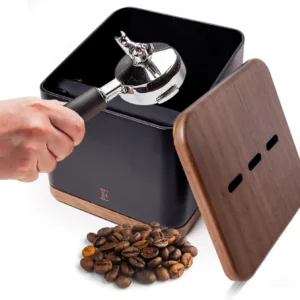 Espresso Knock Box with Lid – 1L Steel Coffee Knock Box Espresso with Walnut Non-Slip Base, Quiet Rubber Bar, Barista Essential for Home Coffee Station (Holds 20–25 Pucks), Black view 1