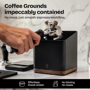 Espresso Knock Box with Lid – 1L Steel Coffee Knock Box Espresso with Walnut Non-Slip Base, Quiet Rubber Bar, Barista Essential for Home Coffee Station (Holds 20–25 Pucks), Black view 2