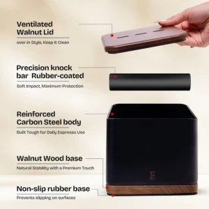 Espresso Knock Box with Lid – 1L Steel Coffee Knock Box Espresso with Walnut Non-Slip Base, Quiet Rubber Bar, Barista Essential for Home Coffee Station (Holds 20–25 Pucks), Black view 3
