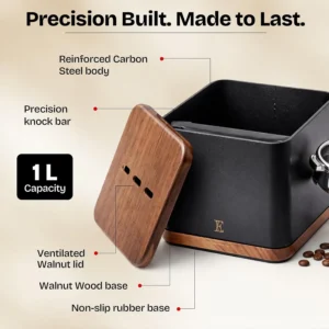 Espresso Knock Box with Lid – 1L Steel Coffee Knock Box Espresso with Walnut Non-Slip Base, Quiet Rubber Bar, Barista Essential for Home Coffee Station (Holds 20–25 Pucks), Black view 4
