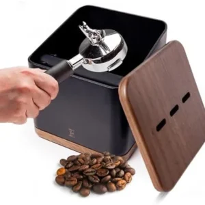 Espresso Knock Box with Lid – 1L Steel Coffee Knock Box Espresso with Walnut Non-Slip Base, Quiet Rubber Bar, Barista Essential for Home Coffee Station (Holds 20–25 Pucks), Black