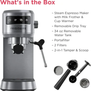 Frigidaire Steam Espresso Maker, Coffee Machine with Milk Frother & Cup Warmer, 20 Bar Pressure, 34 oz Removable Water Tank, Single or Double Shot, Stainless Steel view 2