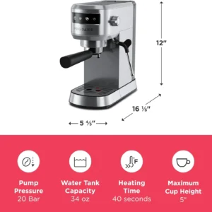 Frigidaire Steam Espresso Maker, Coffee Machine with Milk Frother & Cup Warmer, 20 Bar Pressure, 34 oz Removable Water Tank, Single or Double Shot, Stainless Steel view 4