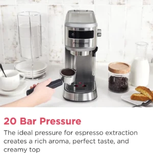 Frigidaire Steam Espresso Maker, Coffee Machine with Milk Frother & Cup Warmer, 20 Bar Pressure, 34 oz Removable Water Tank, Single or Double Shot, Stainless Steel view 7