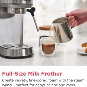 Frigidaire Steam Espresso Maker, Coffee Machine with Milk Frother & Cup Warmer, 20 Bar Pressure, 34 oz Removable Water Tank, Single or Double Shot, Stainless Steel