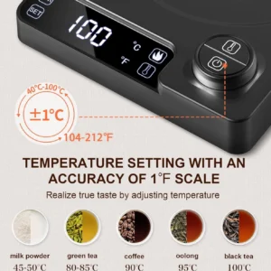 Gooseneck Electric Kettle, ±1°F Temperature Control, Up to 24H Keep Warm, 1.0L 1200W Fast Heating, 304 Stainless Steel Interior, Built-in Brew Timer, Pour Over Kettle for Coffee and Tea view 3