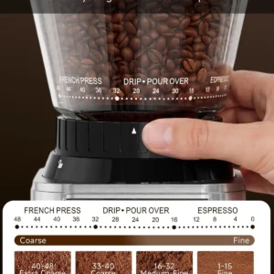 IAGREEA Conical Burr Coffee Grinder, 48 Grind Settings, 450RPM Low-Speed Anti-Static, Precision Timer, Portafilter Holder for Espresso, Drip, French Press, Cold Brew, Stainless Steel view 2