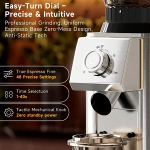 IAGREEA Conical Burr Coffee Grinder, 48 Grind Settings, 450RPM Low-Speed Anti-Static, Precision Timer, Portafilter Holder for Espresso, Drip, French Press, Cold Brew, Stainless Steel view 4