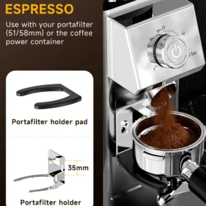 IAGREEA Conical Burr Coffee Grinder, 48 Grind Settings, 450RPM Low-Speed Anti-Static, Precision Timer, Portafilter Holder for Espresso, Drip, French Press, Cold Brew, Stainless Steel view 6