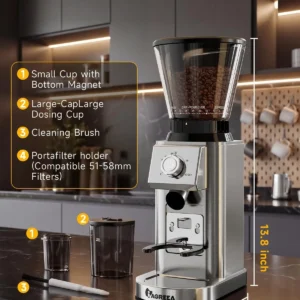 IAGREEA Conical Burr Coffee Grinder, 48 Grind Settings, 450RPM Low-Speed Anti-Static, Precision Timer, Portafilter Holder for Espresso, Drip, French Press, Cold Brew, Stainless Steel view 7