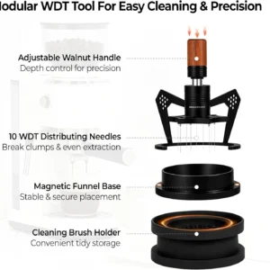IKAPE Mantis WDT Distribution Tool with Clean Brush, V1-54mm Espresso Stirrer for Barista - 10 Needle Espresso Stirrer with Dosing Funnel & Stand, Adjustable Needle Height, Walnut Handle view 3