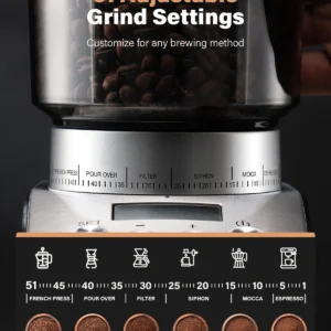 KIDISLE Conical Burr Coffee Grinder Electric, Espresso Grinder for Home Use, Burr Mill with 51 Grind Settings, Precision Electronic Timer, Stainless Steel Container view 3