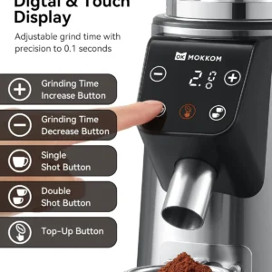 MOKKOM Professional 64mm Flat Burr Coffee Grinder with 100 Grind Settings, All-Metal Stainless Steel Body, Coffee Bean Grinder with Adjustable Electronic Timer, Anti-Static, LED Display view 6