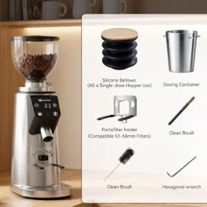 MOKKOM Professional 64mm Flat Burr Coffee Grinder with 100 Grind Settings, All-Metal Stainless Steel Body, Coffee Bean Grinder with Adjustable Electronic Timer, Anti-Static, LED Display view 7